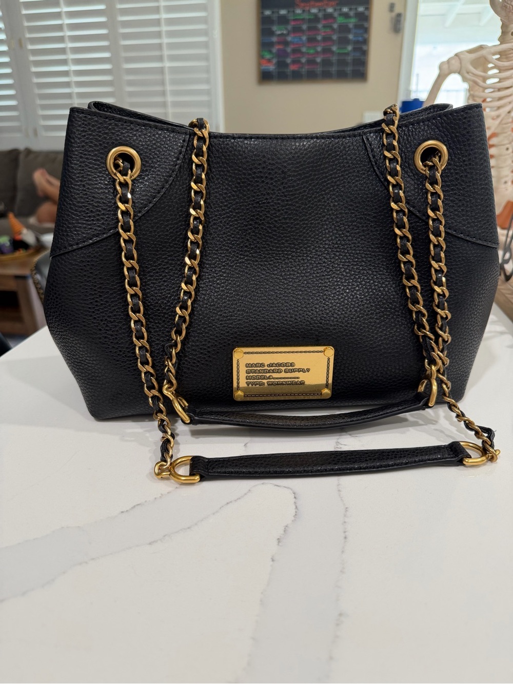 Marc Jacobs Black Pebbled Leather Chain-Handle Shoulder Bag with Gold Hardware